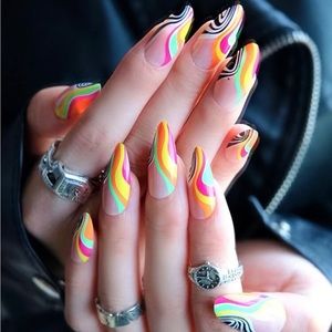 Multicolor Long Almond Striped Press On Nails 24 Pcs